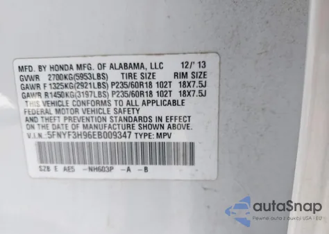 2014 Honda Pilot Touring from USA, damaged, VIN 5FNYF3H96EB009347
